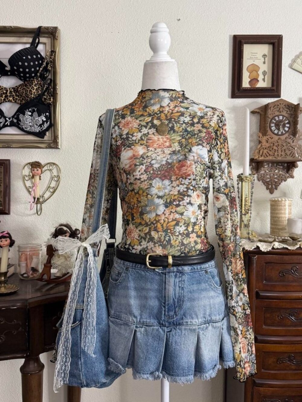 Girly grunge floral sheer mesh cropped long sleeve top